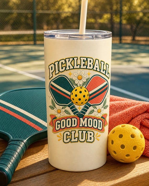 Retro floral pickleball design shown at realistic scale on a warm cream sports tumbler beside court equipment.