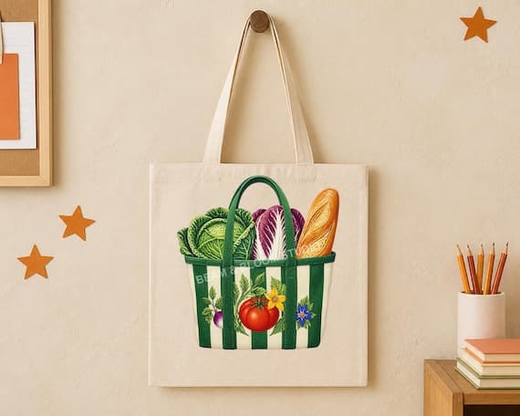 Striped farmers market tote artwork aligned centrally on a natural canvas tote bag.