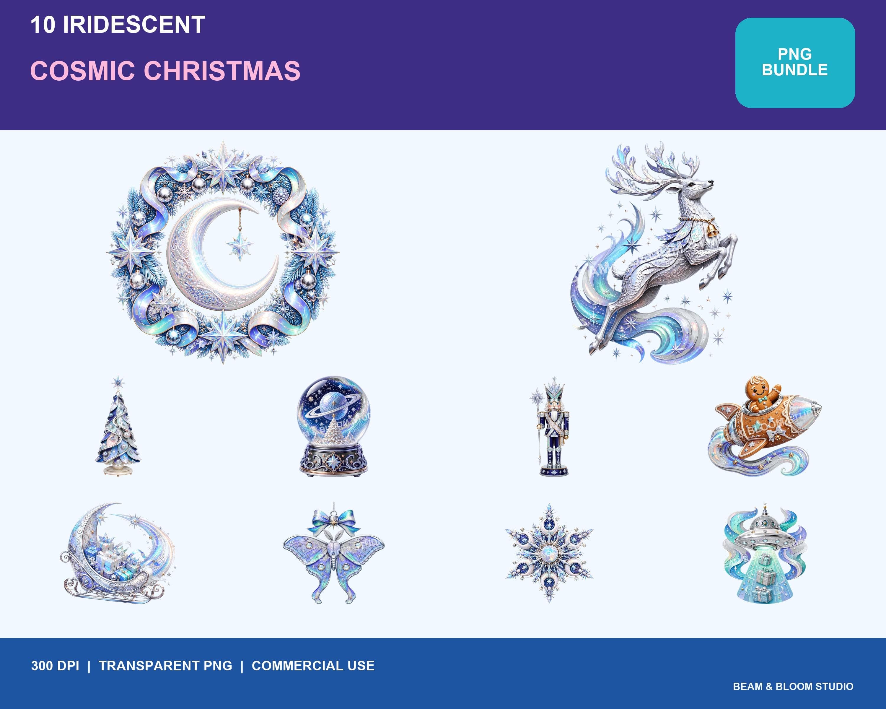 Complete collection of ten iridescent cosmic Christmas PNG illustrations in icy blue ultraviolet mint pearl and silver.