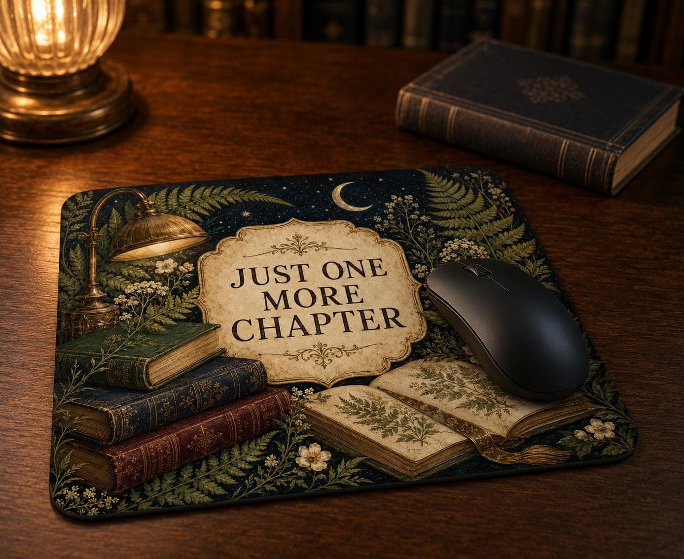 Dark Academia Mouse Mat, Vintage Books Botanical Fern, "Just One More Chapter" Mousepad