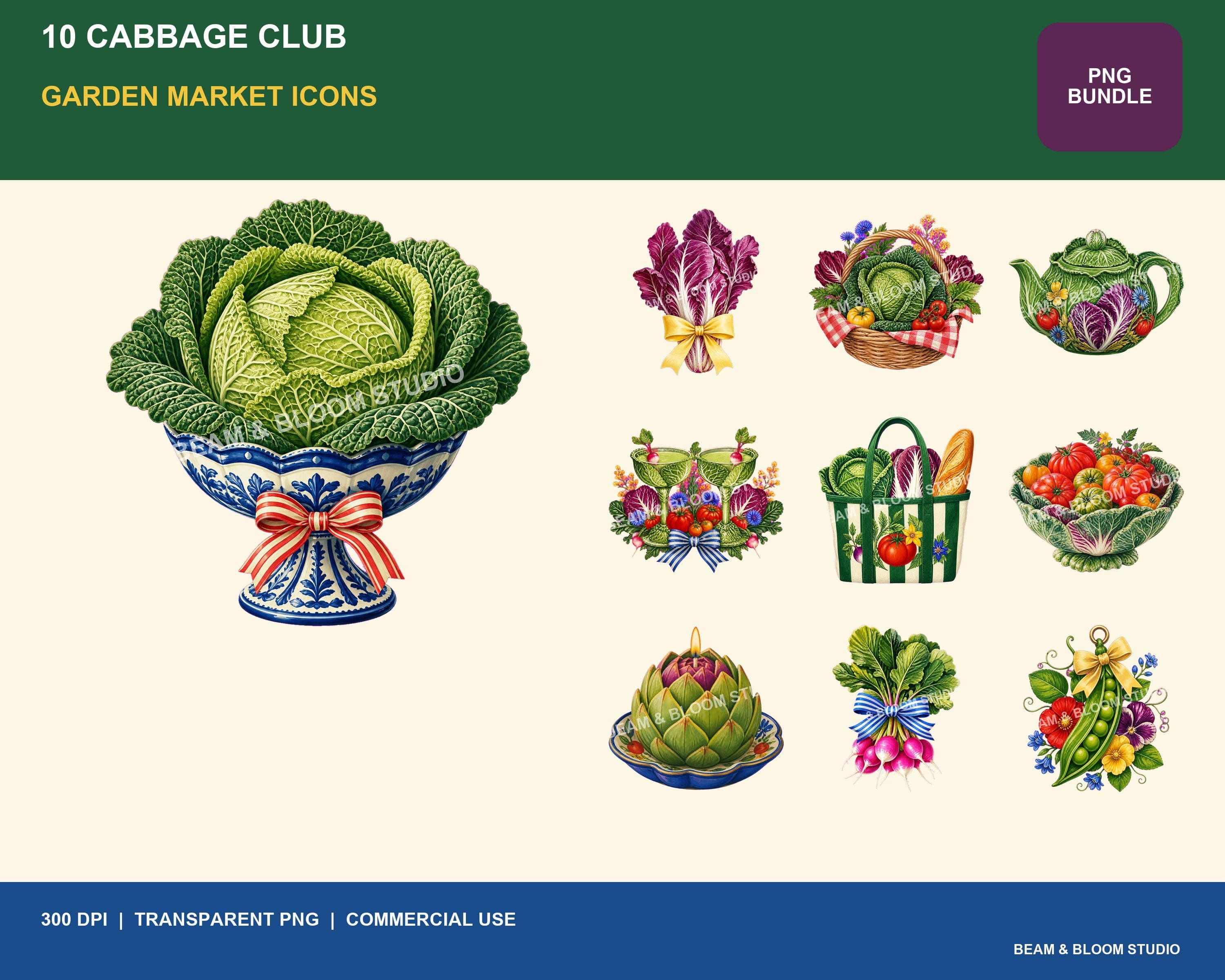 Complete collection of ten original Cabbage Club garden market transparent PNG designs.