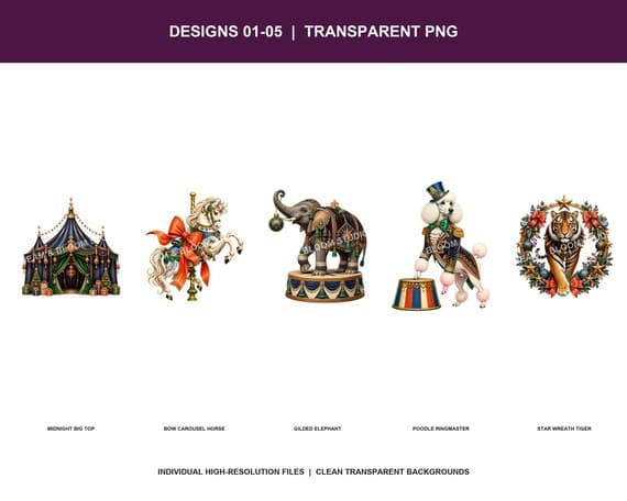 Five individual transparent luxe Christmas circus PNG designs on white.