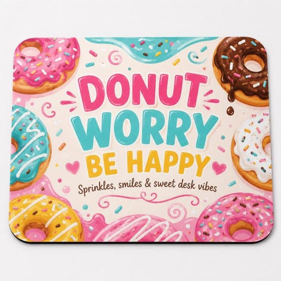 Donut Mouse Mat, Funny Donut Worry Be Happy Desk Accessory, Colourful Office Gift