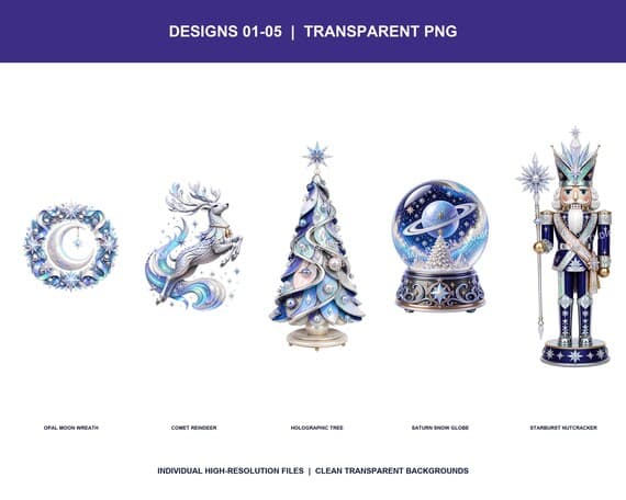 Five individual transparent iridescent celestial Christmas PNG designs on white.