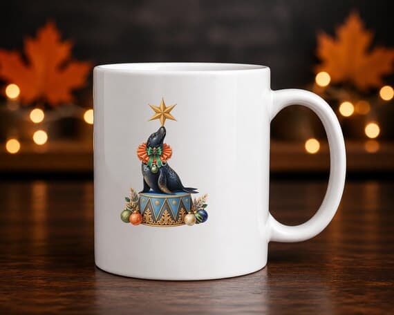 Christmas circus seal balancing a gold star printed on a white ceramic mug.