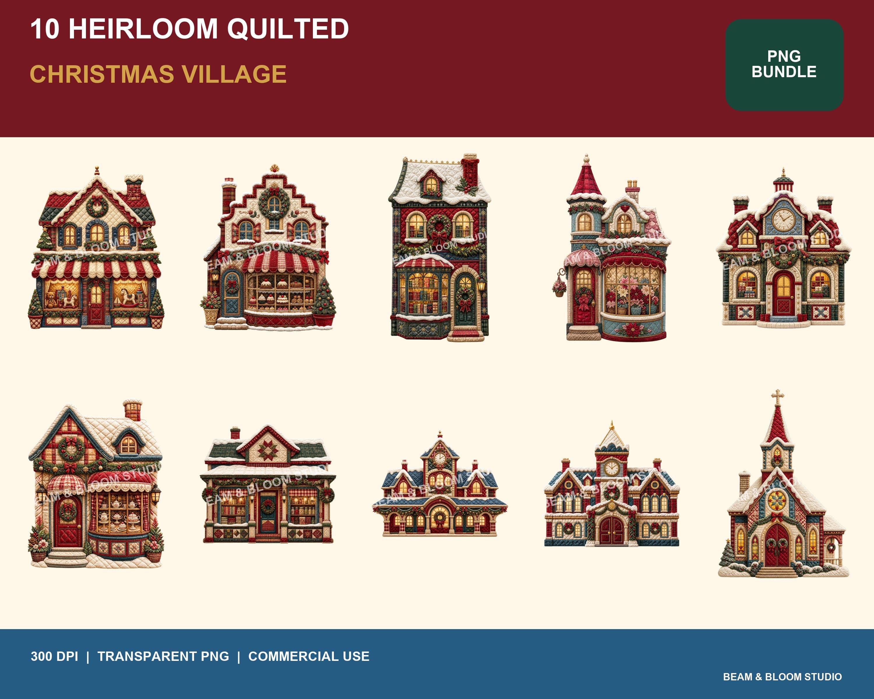 Complete collection of ten faux quilted Christmas village storefront PNG designs in red green cream and dusty blue.