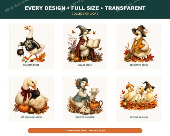 Spooky Goose PNG Bundle, 12 Halloween Watercolor Clipart, Autumn Storybook Designs (Digital Download)