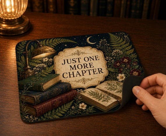 Dark Academia Mouse Mat, Vintage Books Botanical Fern, "Just One More Chapter" Mousepad