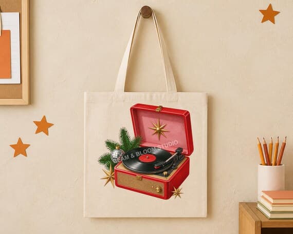 Retro disco Christmas artwork shown centred and realistically printed on a tote bag.