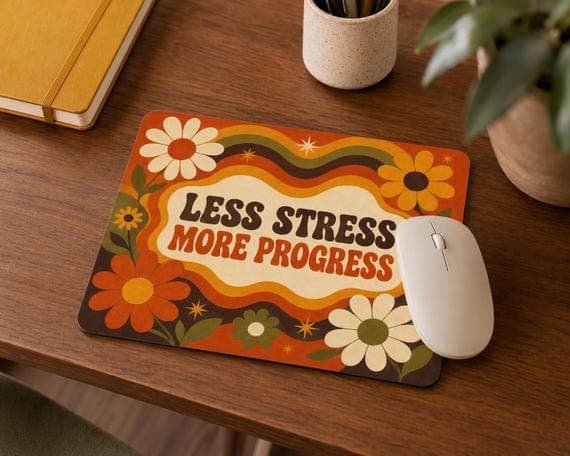 Retro Floral Mouse Mat, 70s Groovy Desk Accessory, Motivational Quote Desk Pad