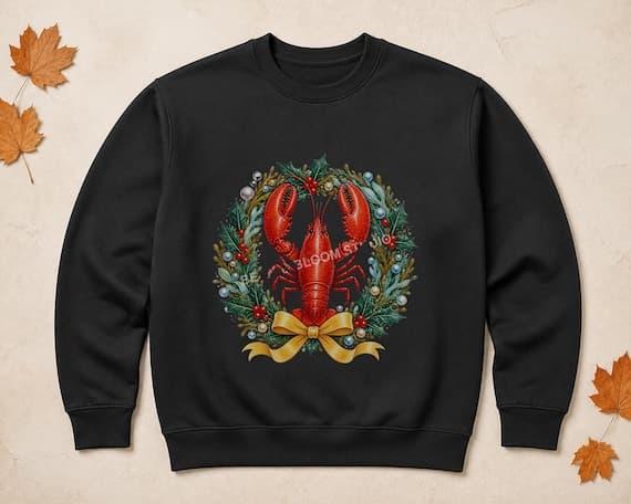 Red lobster and holly wreath Christmas illustration printed centrally on a black sweatshirt.