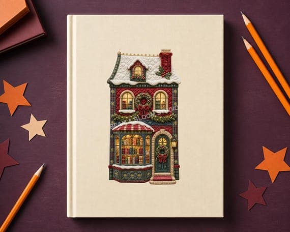Faux quilted Christmas bookshop design centred on a notebook cover mockup.