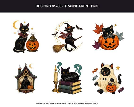 Vintage Black Cat Halloween Clipart Bundle
