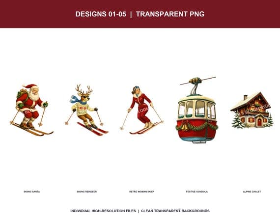 White detail sheet showing the first five high-resolution transparent retro alpine Christmas PNG designs.