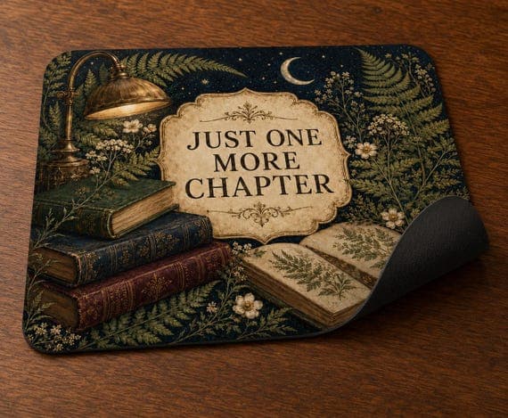 Dark Academia Mouse Mat, Vintage Books Botanical Fern, "Just One More Chapter" Mousepad