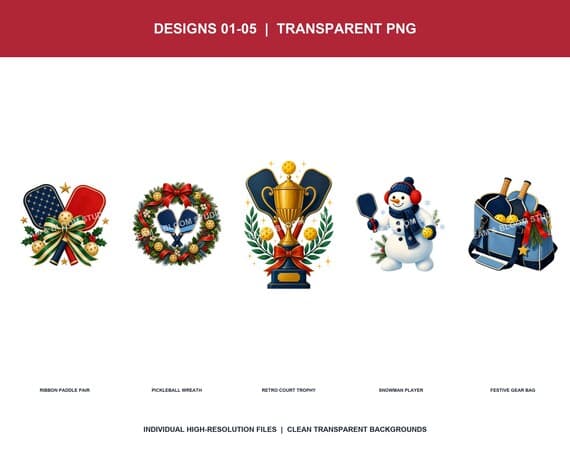 Five individual transparent retro pickleball Christmas PNG designs on a clean white detail sheet.