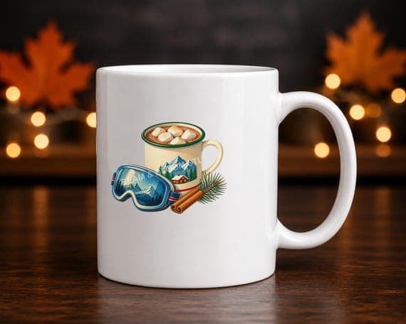 Hot cocoa and ski goggles illustration realistically aligned on the visible face of a ceramic mug.