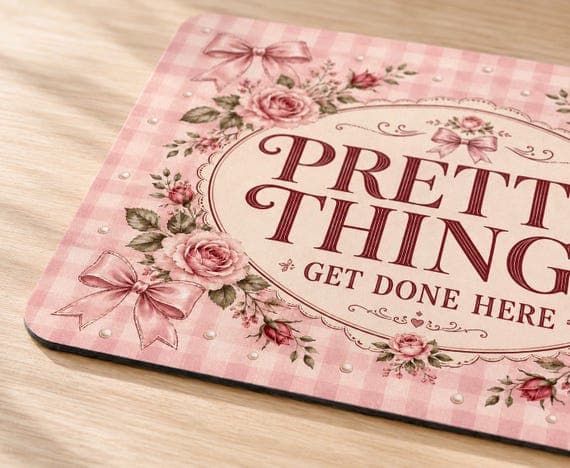 Coquette Mouse Mat, Pink Gingham Floral Desk Accessory, Feminine Office Decor