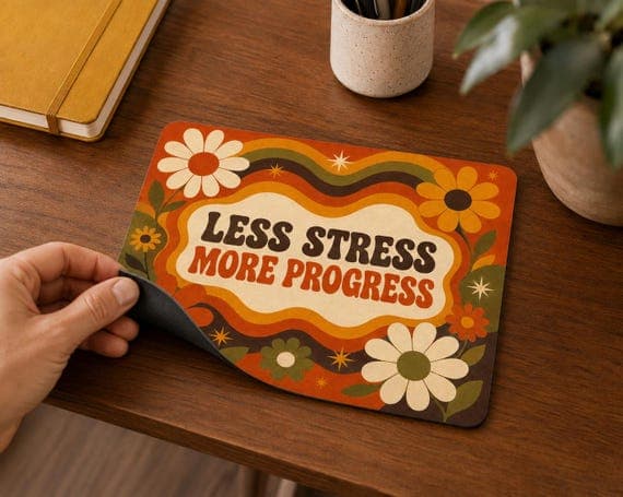 Retro Floral Mouse Mat, 70s Groovy Desk Accessory, Motivational Quote Desk Pad