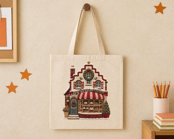 Faux quilted Christmas bakery design centred on a natural fabric tote bag mockup.