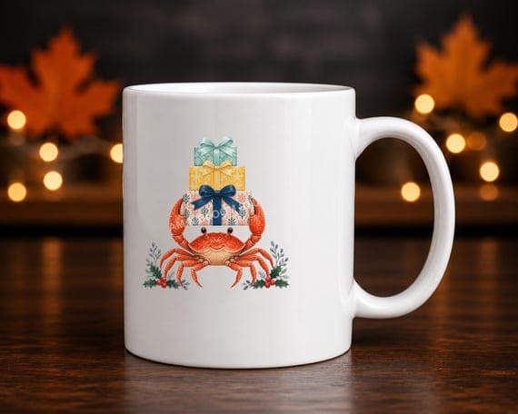 Cheerful crab balancing Christmas gifts printed on a white ceramic mug.
