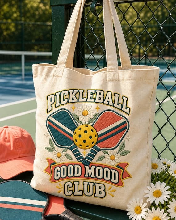 Pickleball Good Mood Club digital design shown on a natural canvas court tote with paddles, ball and daisies.