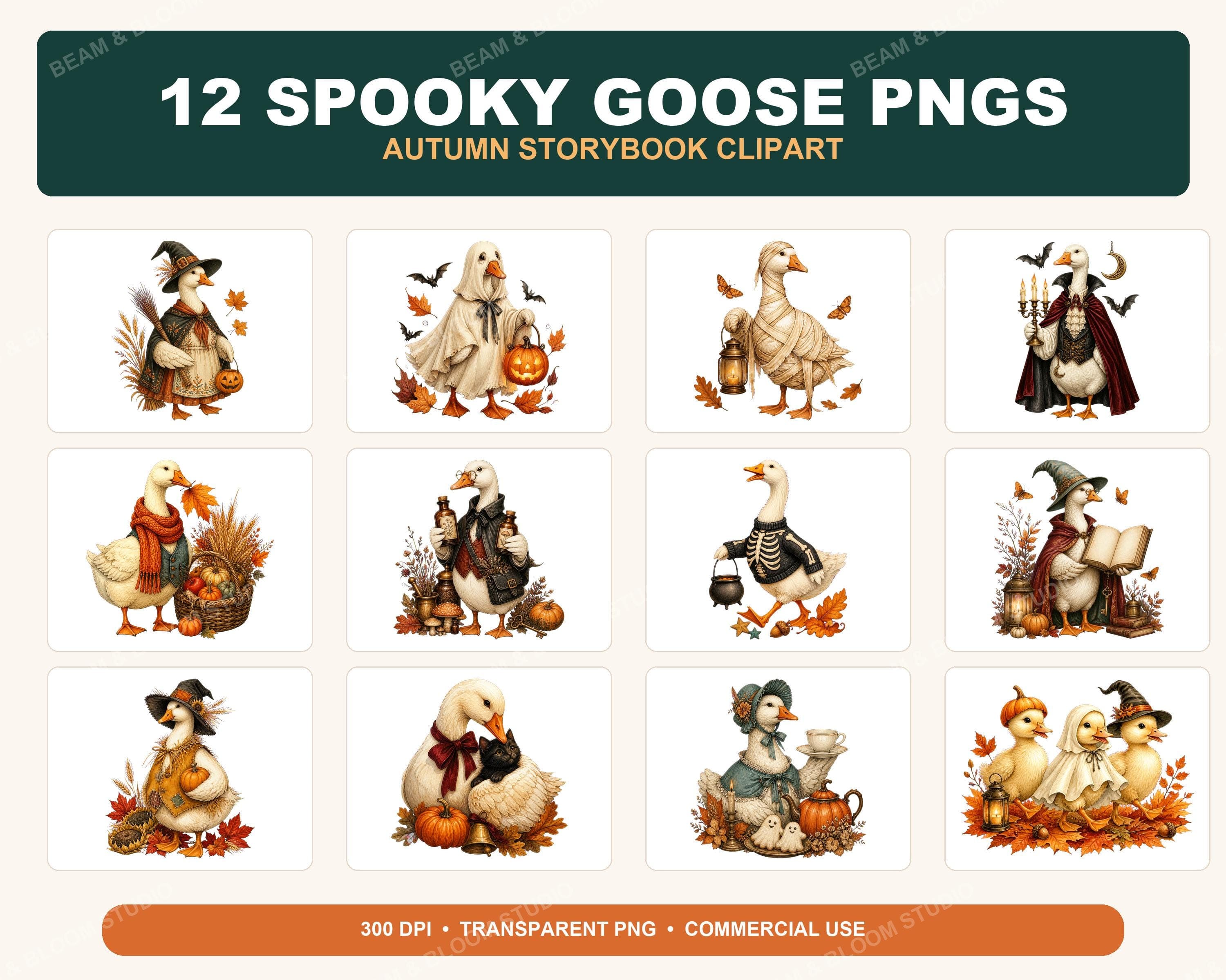 Spooky Goose PNG Bundle, 12 Halloween Watercolor Clipart, Autumn Storybook Designs (Digital Download)