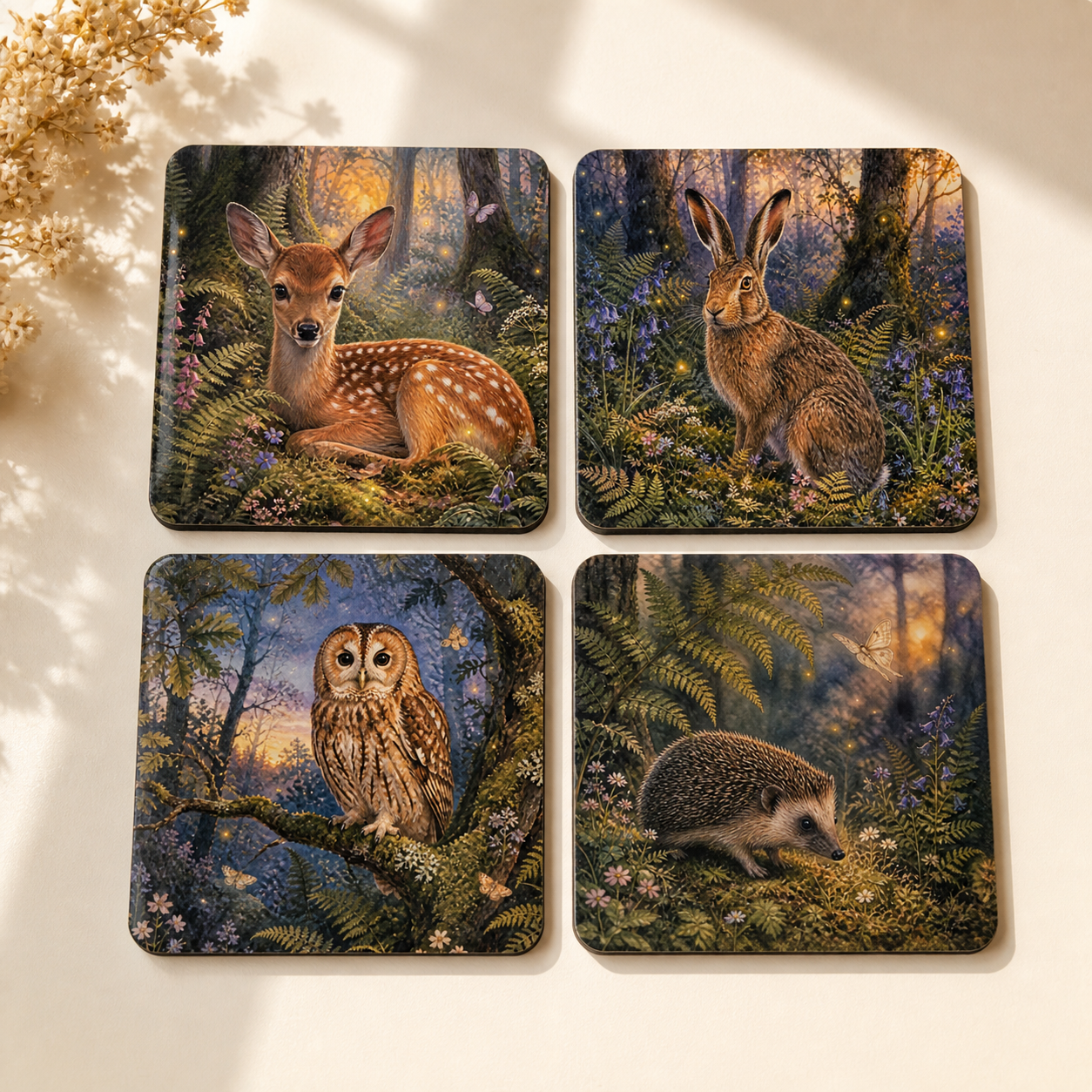 Set of four Twilight Wildwood coasters featuring a fawn, hare, owl and hedgehog