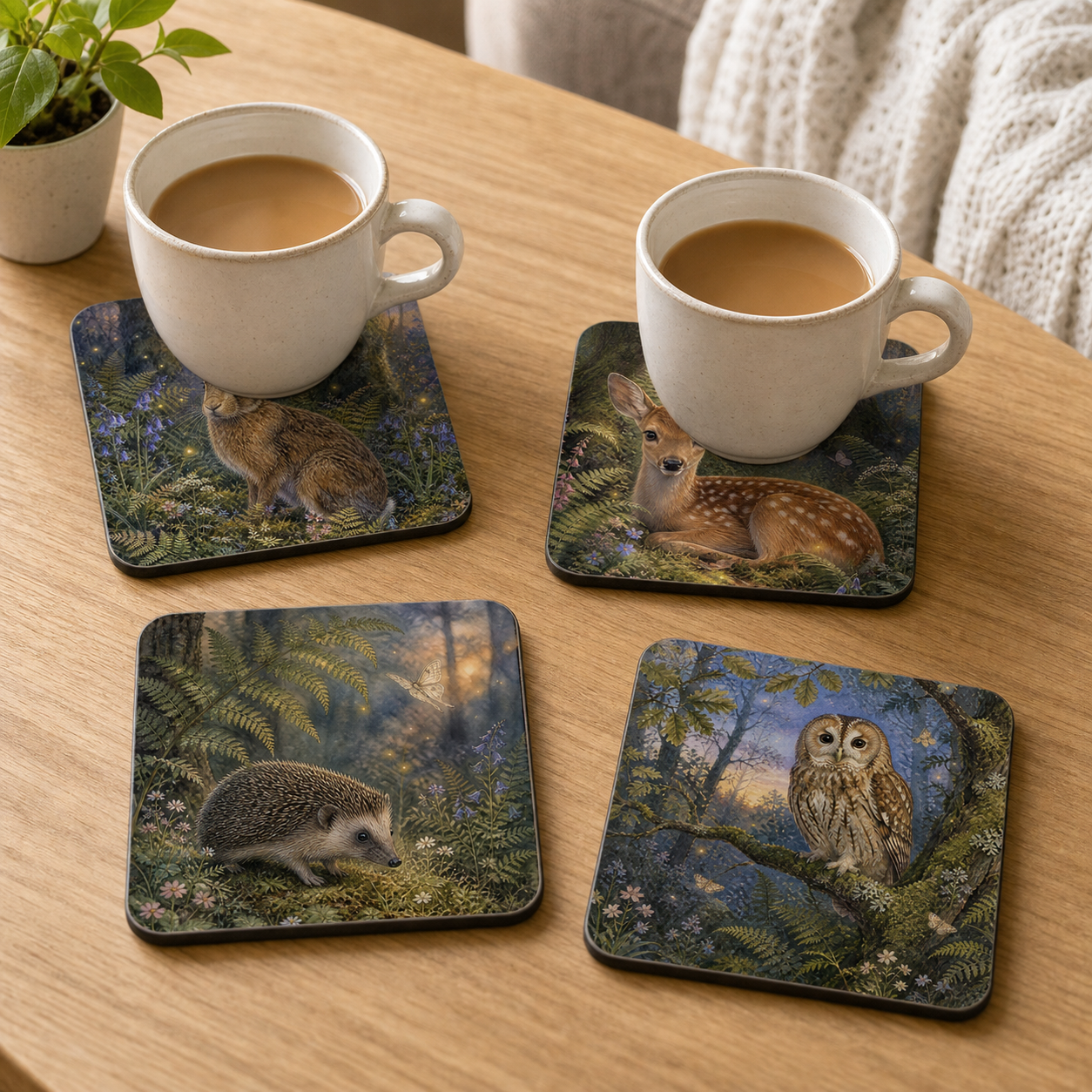 Twilight Wildwood animal coasters styled with mugs on a light table