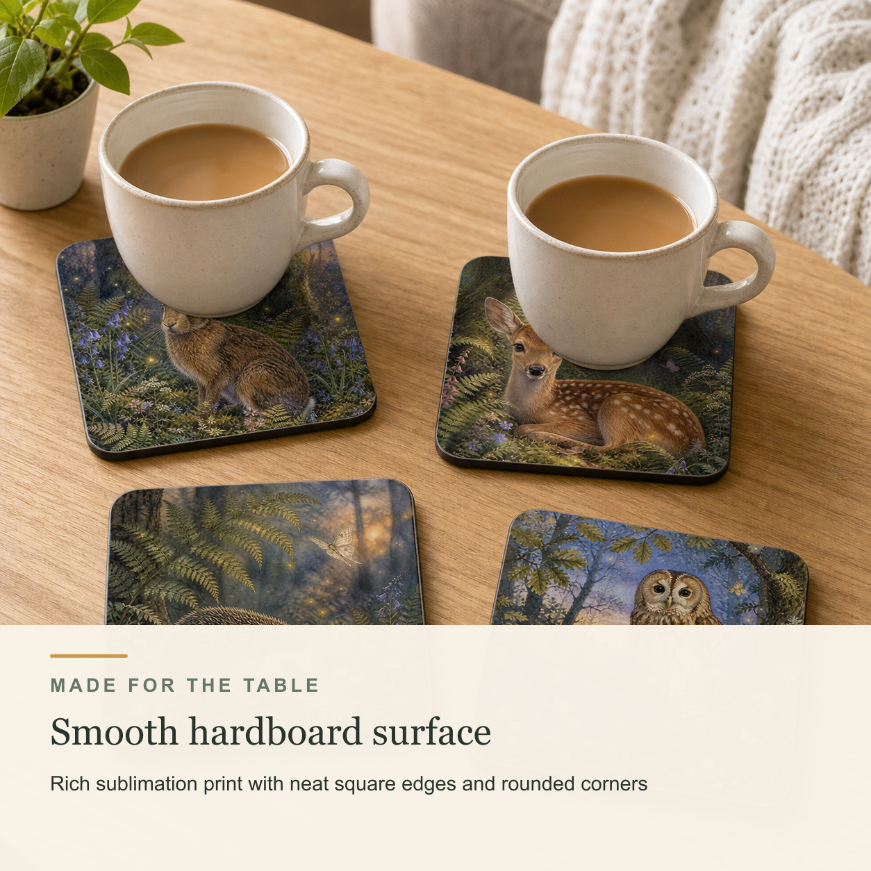 Close material detail of the smooth hardboard coaster surface