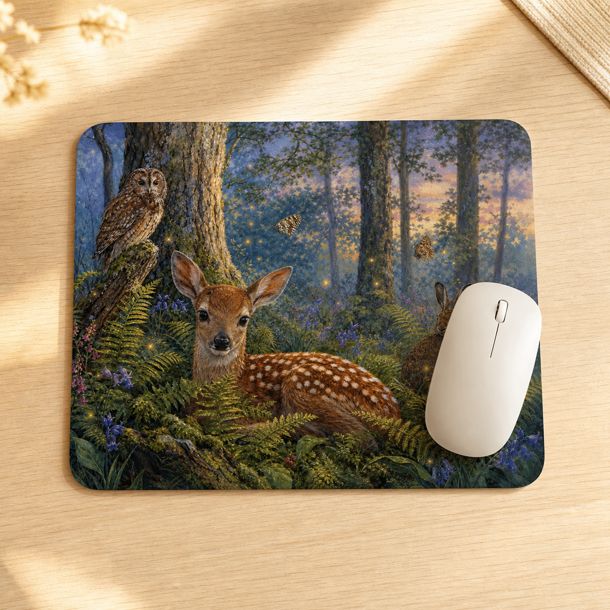 Twilight Wildwood fawn, owl and hare mouse mat on a light wooden desk
