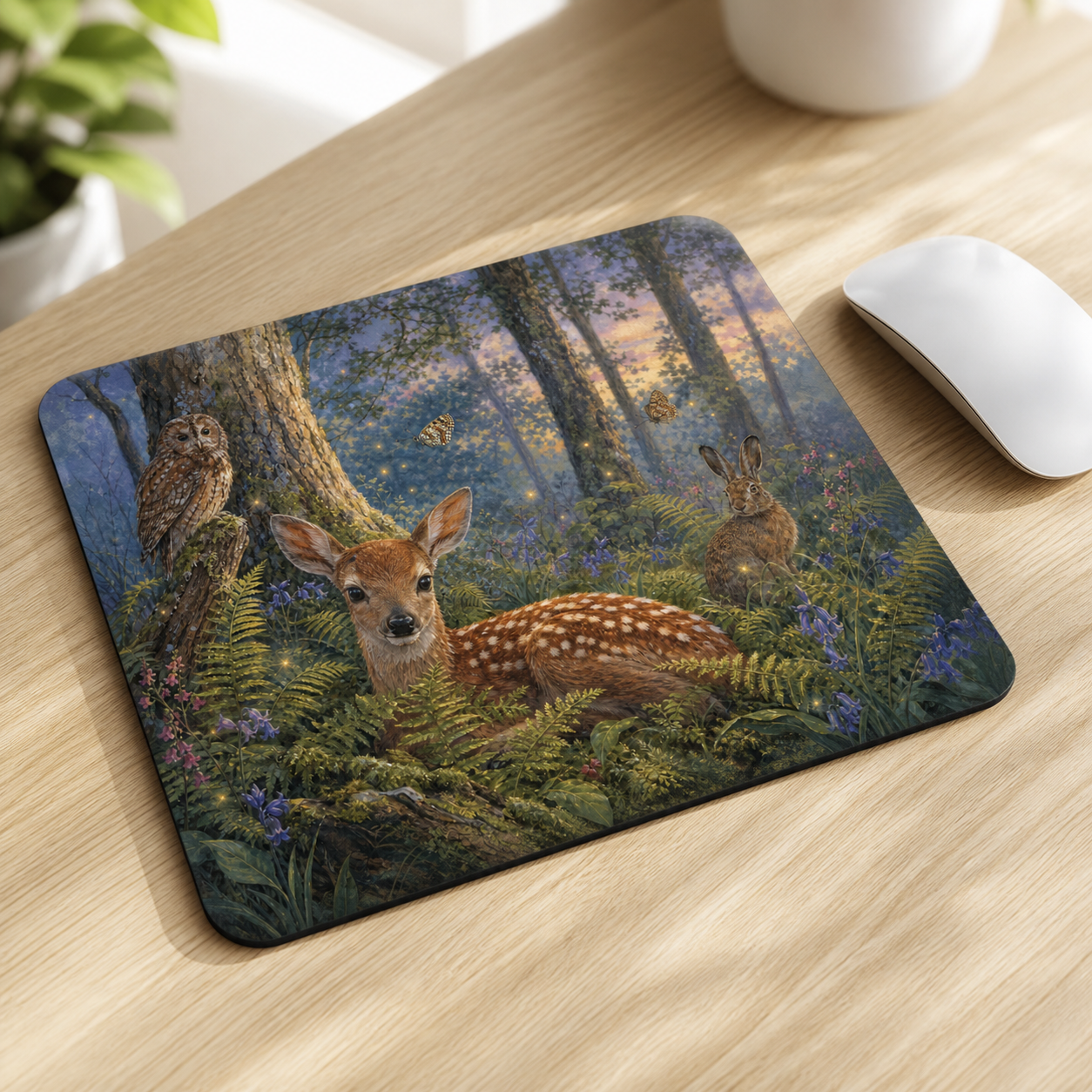 Angled close view of the Twilight Wildwood mouse mat print