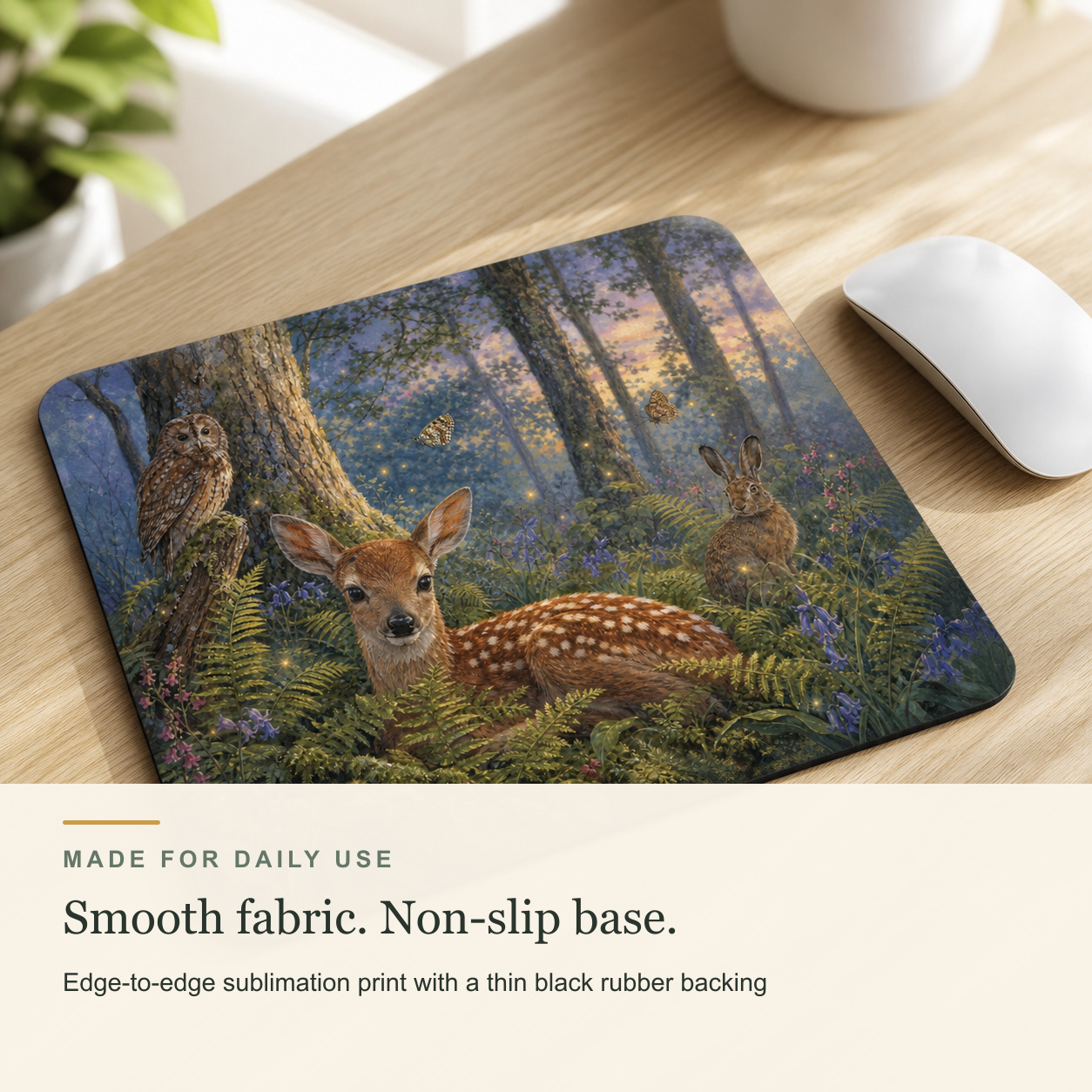 Mouse mat material detail showing fabric surface and rubber base
